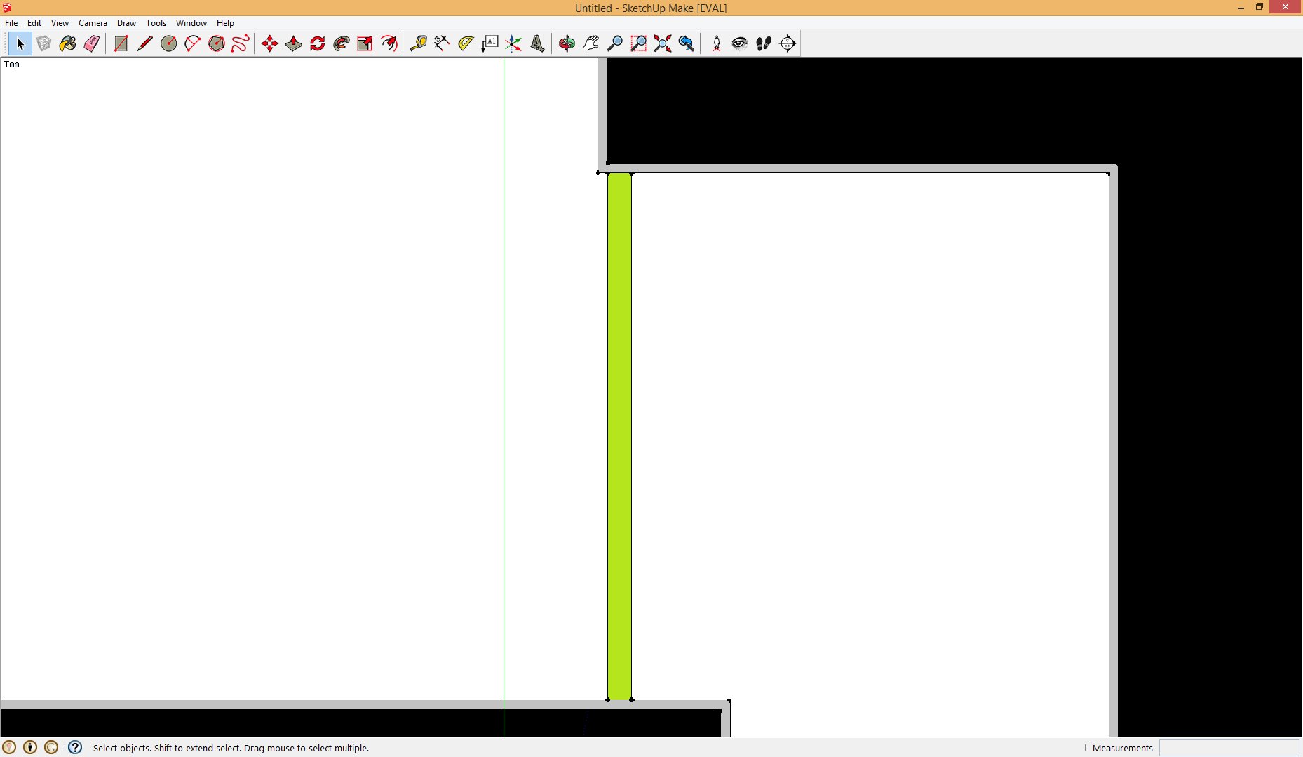 Proposed interior wall in green showing divide between two rooms in white; sheetrock layer of existing walls in grey.